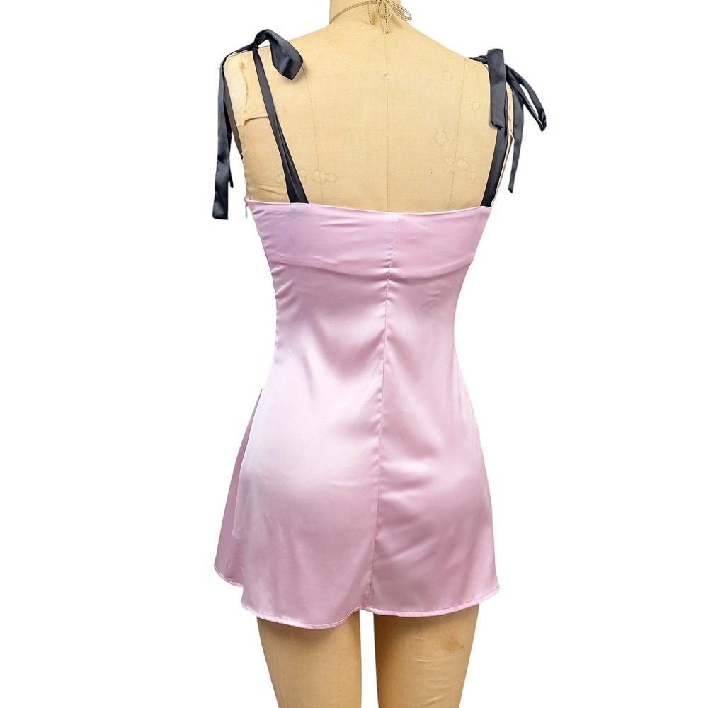 Y2K Coquette 3D Bunny Satin Mini Dress Ribbon Bow Tie Straps Whimsical Kawaii XS - Picture 6 of 9
